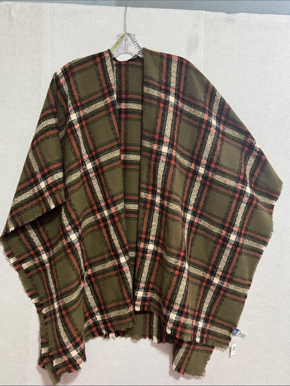 Old Navy Fall Olive Plaid Knit Open Front Poncho
